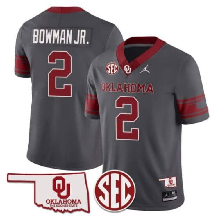 Men's Oklahoma Sooners #2 Billy Bowman Jr. Charcoal 2024 SEC Patch Stitched Jersey